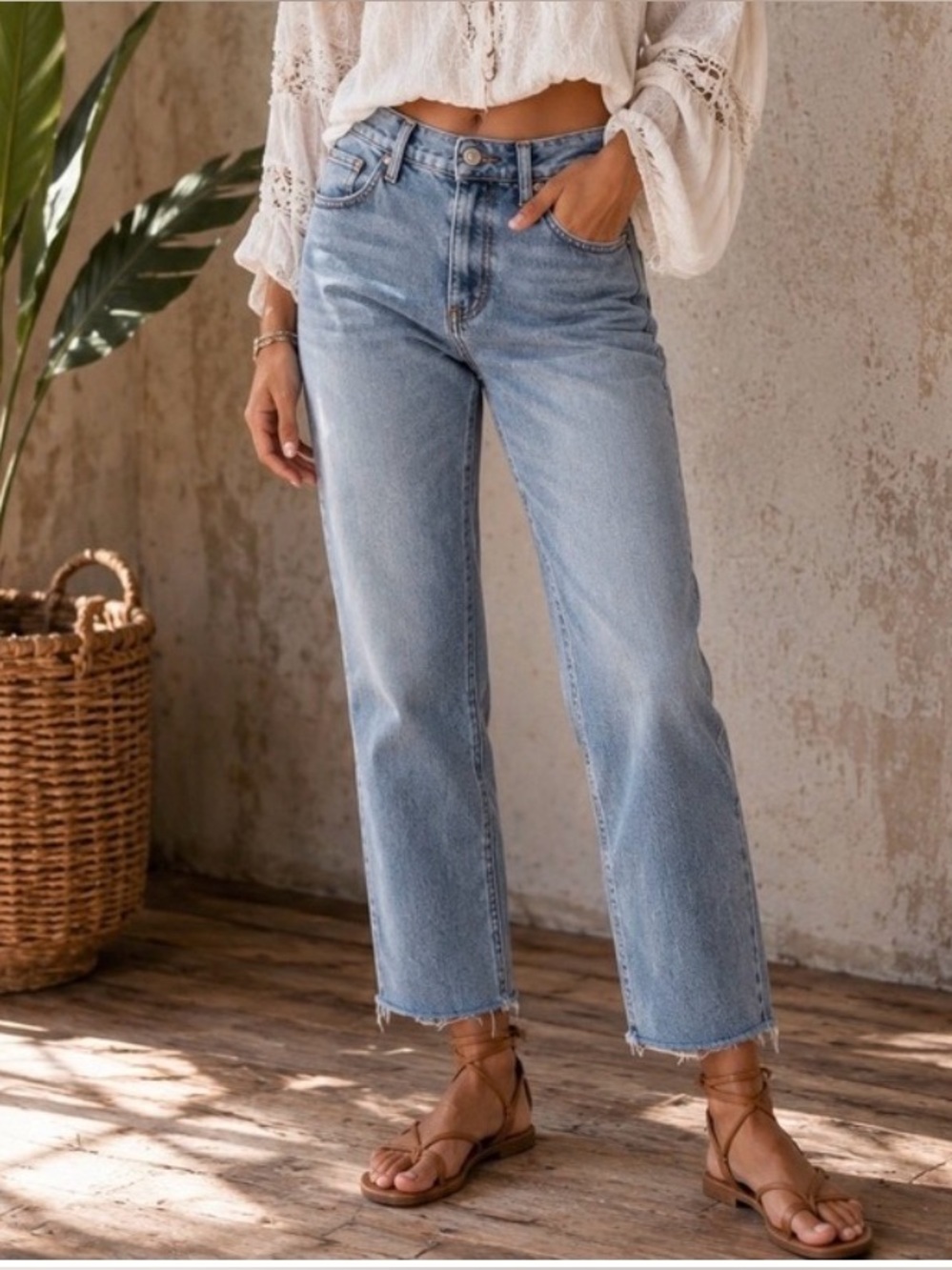 Zara Light Wash Button Fly Straight Leg Crop Raw Edge Hem Jeans 2